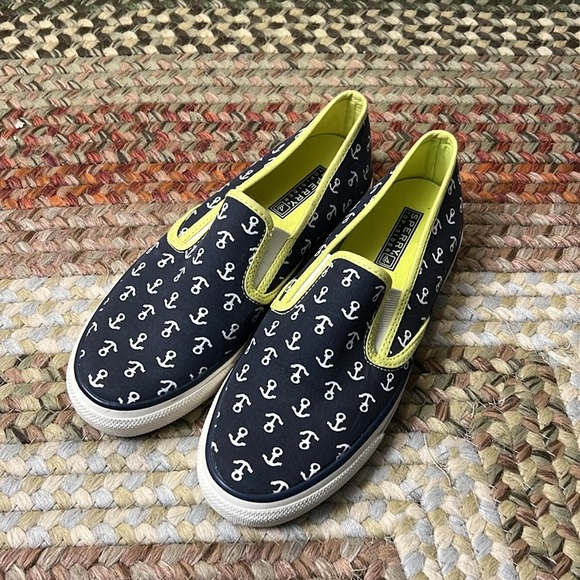 Sperry Topsiders Navy/ Yellow Sea Coast Anchor canvas sneakers women’s s… - Picture 2 of 9